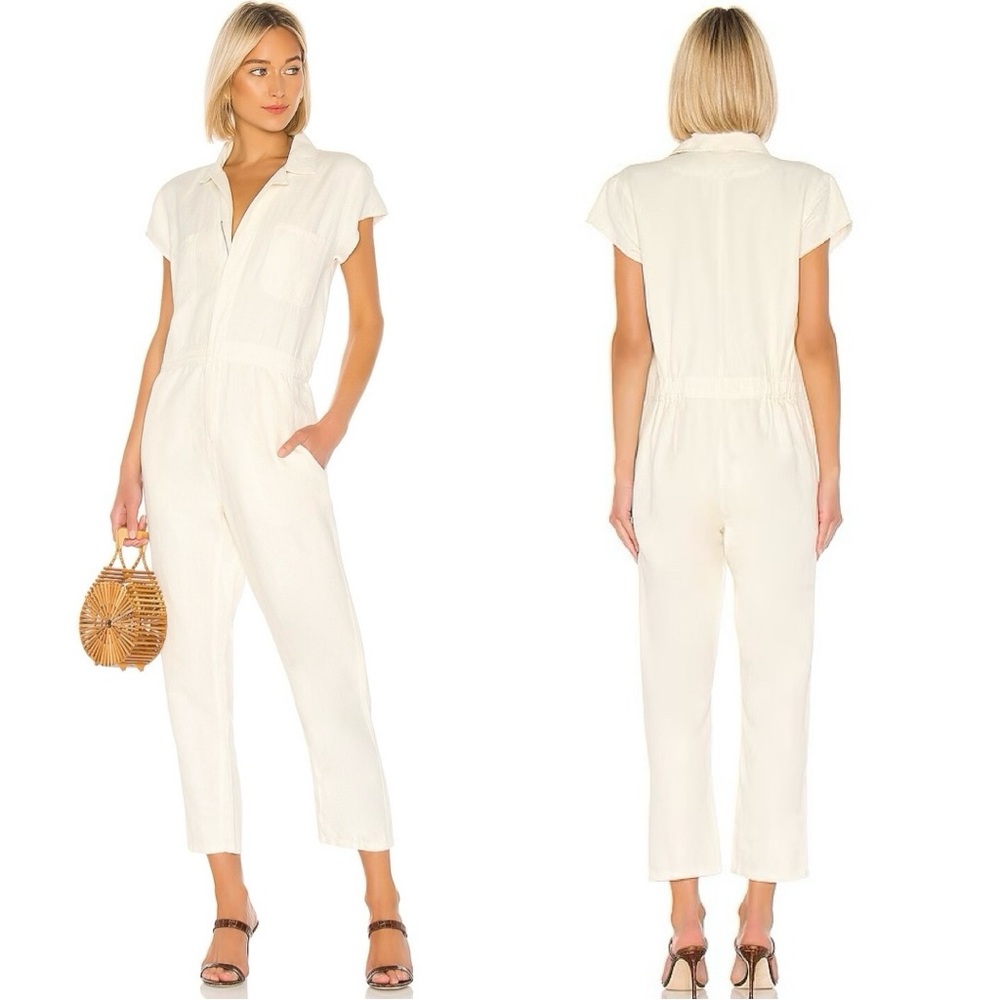 Apiece Apart Azore Cotton Linen Jumpsuit Cream White Short Sleeve Utility Size 4
